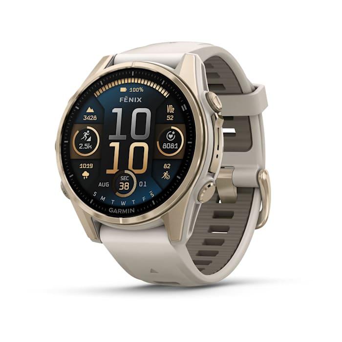Fēnix® 8 - 43 mm, AMOLED, saphir, or doux avec bracelet en silicone gris brouillard/grès foncé