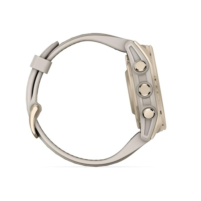 Fēnix® 8 - 43 mm, AMOLED, saphir, or doux avec bracelet en silicone gris brouillard/grès foncé