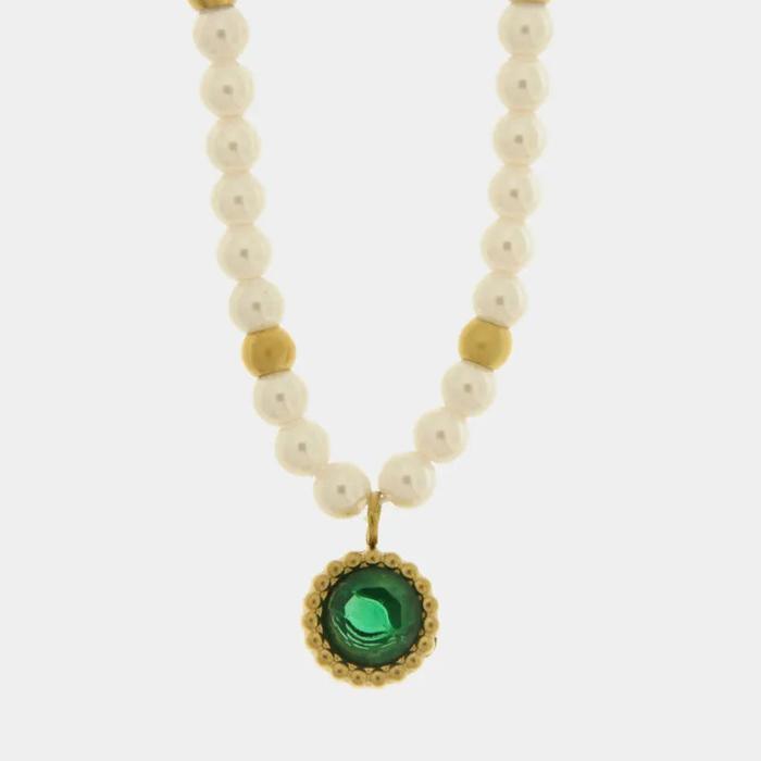 Collana in Acciaio con giro di perle e cristallo verde