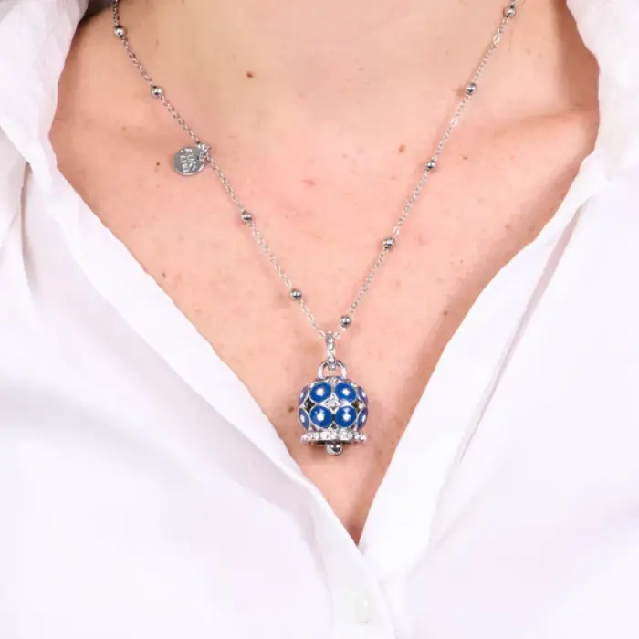 Collana in Metallo con campana a pois blu e zirconi grande