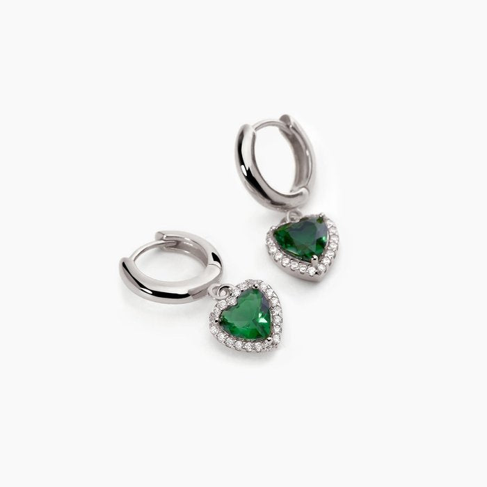 Boucles d'oreilles créoles en argent avec émeraude synthétique taille cœur LOVE AFFAIR