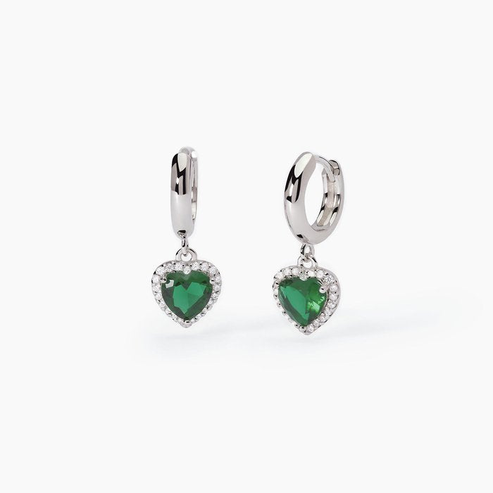 Boucles d'oreilles créoles en argent avec émeraude synthétique taille cœur LOVE AFFAIR