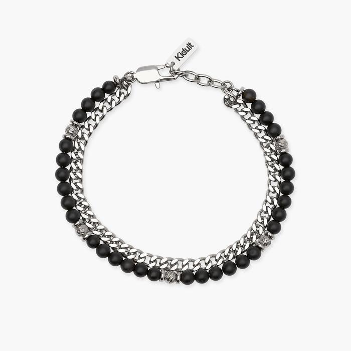Bracciale uomo con catena groumette e catena con sfere diamantate e agata nera Style 37