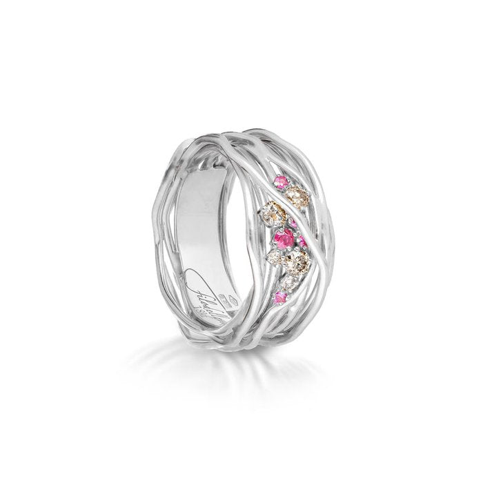 Filodellavita Ten 10 fils en or blanc, diamants bruns et rubis