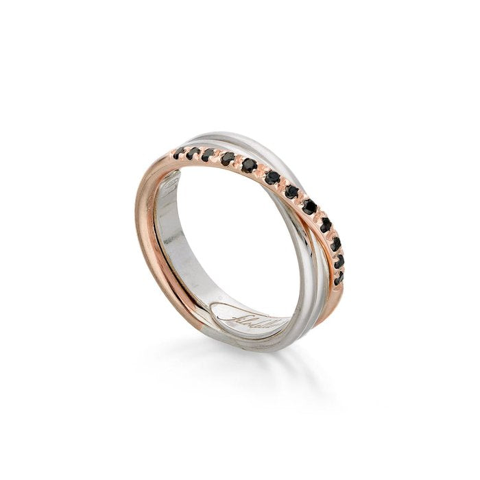 Filodellavita Classic 3 brins en or rose 9 carats, or jaune 925, argent et 12 diamants noirs