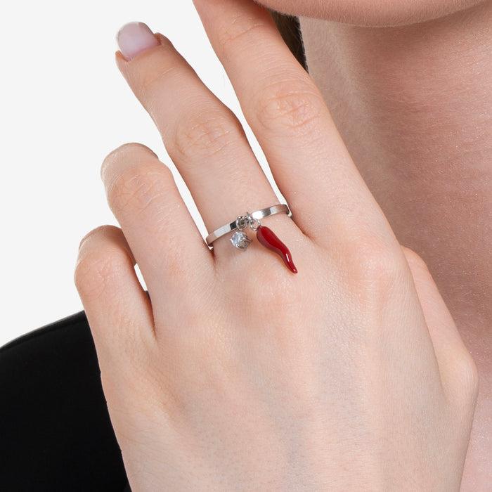 ANELLO DONNA IN ACCIAIO CON CORNO ROSSO E PUNTO LUCE