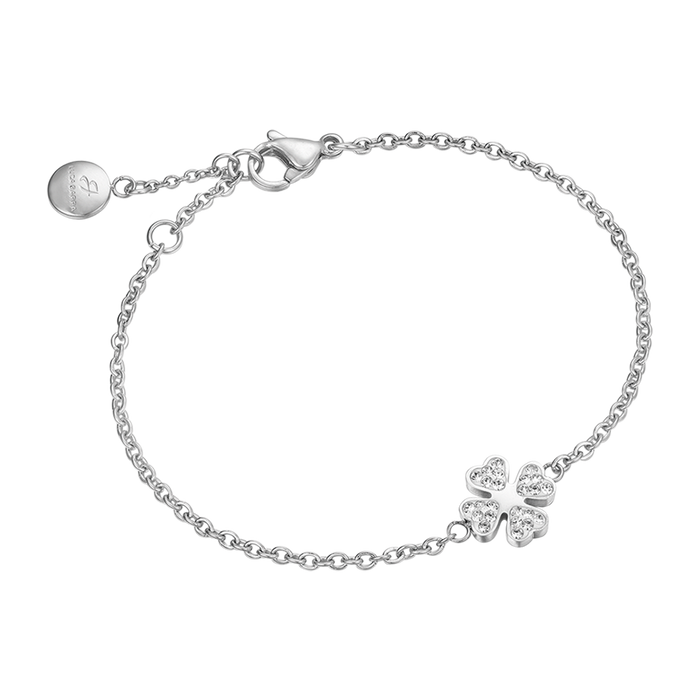 BRACELET FEMME EN ACIER AVEC TRÈFLE À QUATRE FEUILLES ET CRISTAUX