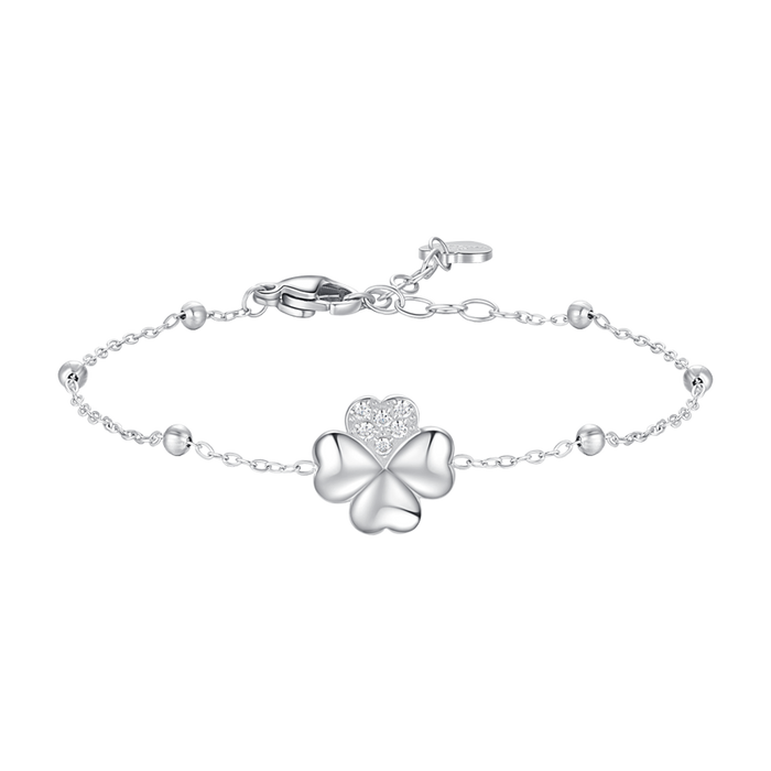 BRACCIALE DONNA IN ACCIAIO CON QUADRIFOGLIO E PUNTI LUCE DI ZIRCONE BIANCO