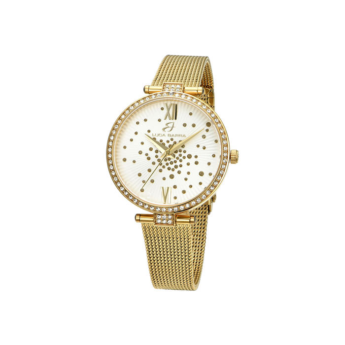 MONTRE FEMME EN ACIER DORÉ IP, CADRAN BLANC, LUNETTE AVEC CRISTAUX BLANCS