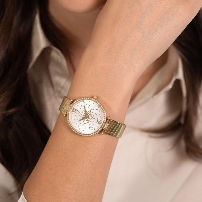 MONTRE FEMME EN ACIER DORÉ IP, CADRAN BLANC, LUNETTE AVEC CRISTAUX BLANCS