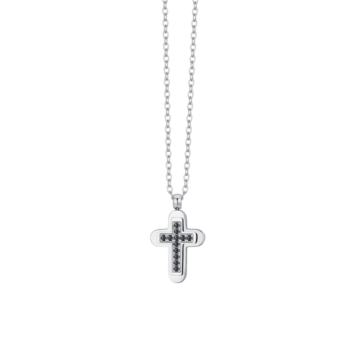 COLLIER HOMME EN ACIER AVEC CROIX ET ZIRCONE NOIRE