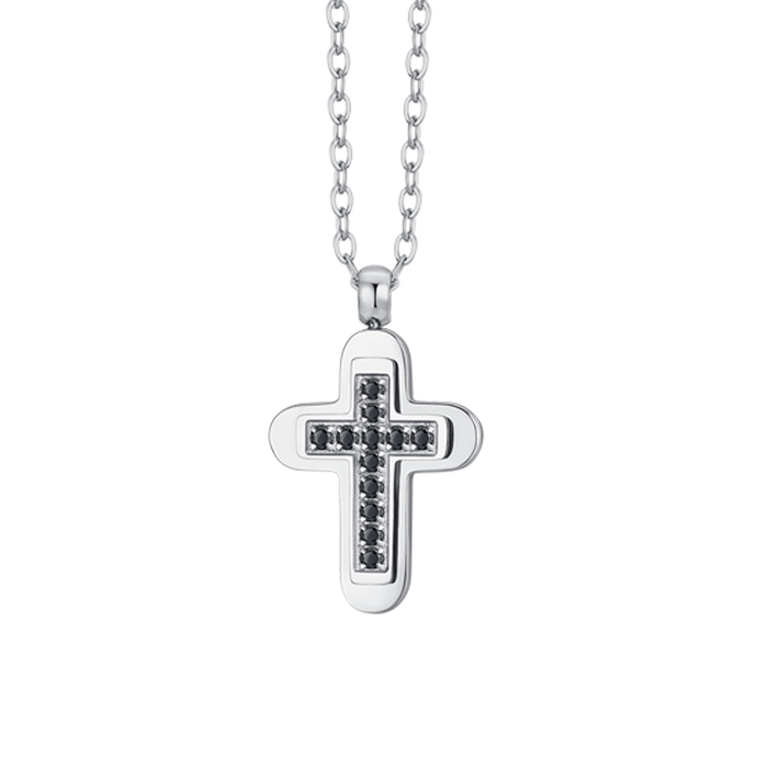 COLLIER HOMME EN ACIER AVEC CROIX ET ZIRCONE NOIRE