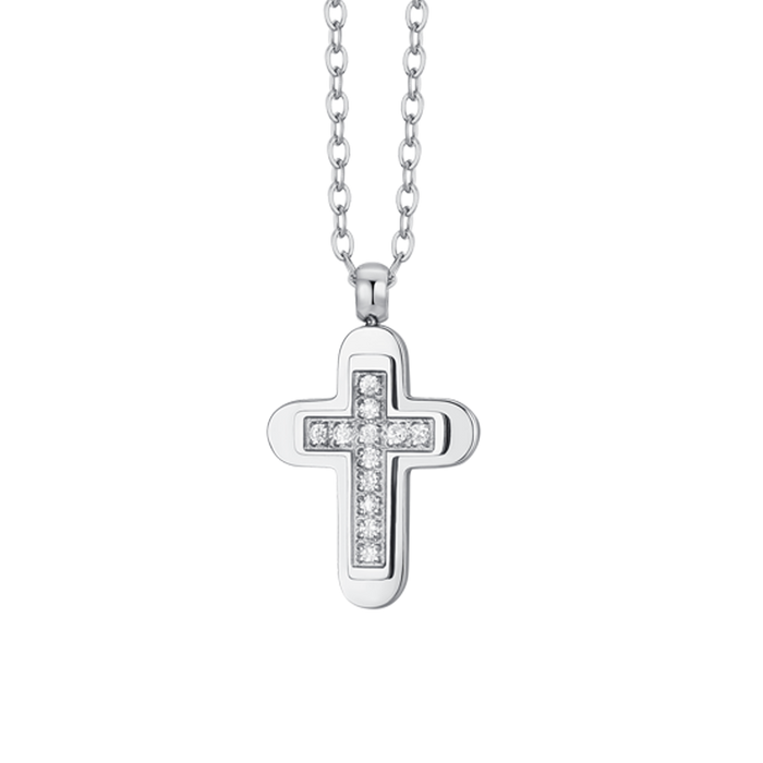 COLLANA UOMO IN ACCIAIO CROCE E ZIRCONI BIANCHI