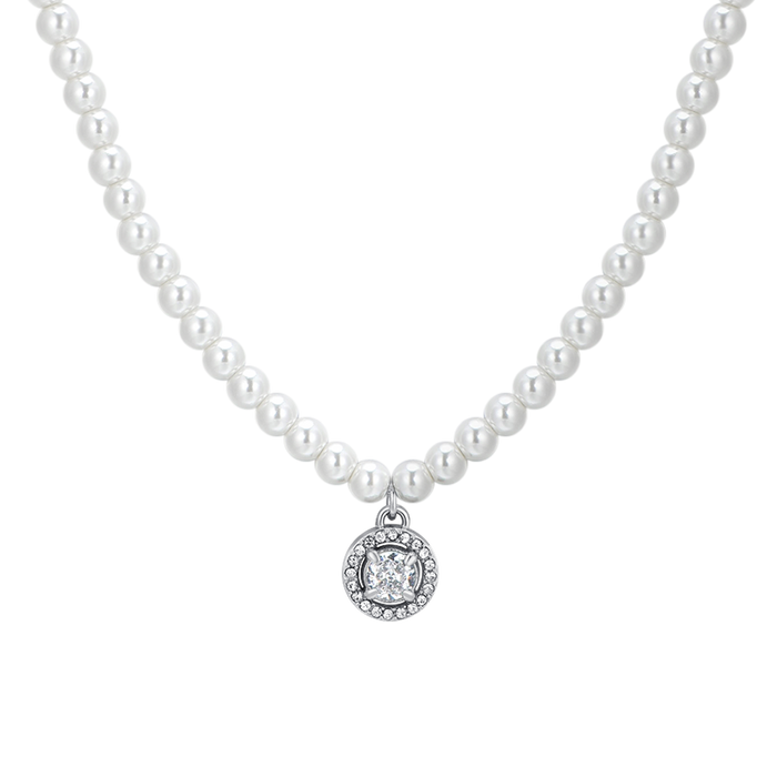 COLLIER FEMME EN ACIER, PERLES ET ZIRCON BLANC