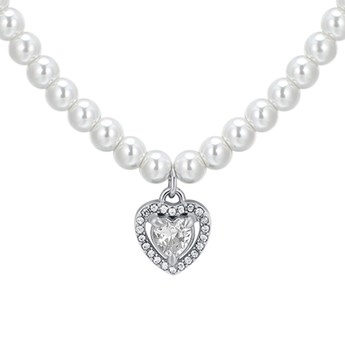 COLLANA DONNA IN ACCIAIO PERLE E CUORE ZIRCONE BIANCO