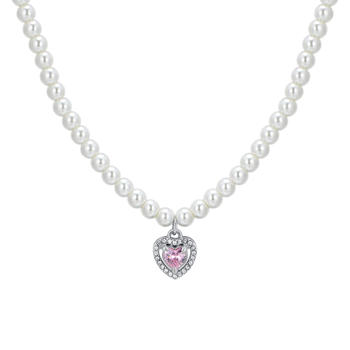 COLLIER FEMME EN ACIER AVEC PERLES ET COEUR EN ZIRCON ROSE