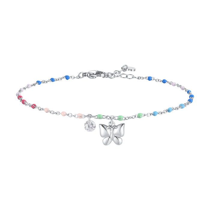CAVIGLIERA DONNA IN ACCIAIO CON FARFALLA,CRISTALLO E PIETRE MULTICOLOR