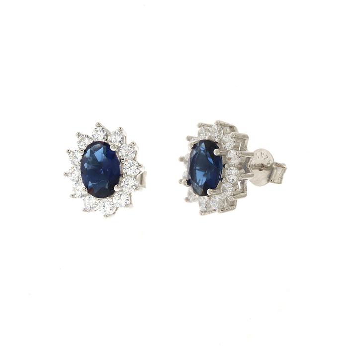 Orecchini in Argento 925 con zirconi bianchi e zircone centrale effetto blu zafiro