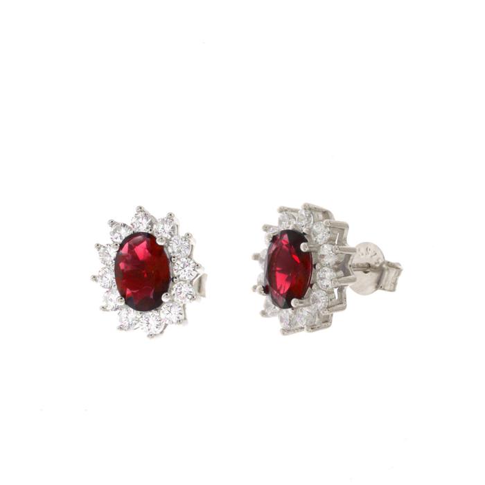 Boucles d'oreilles en argent 925 avec zircone blanche et zircone centrale effet rouge rubis