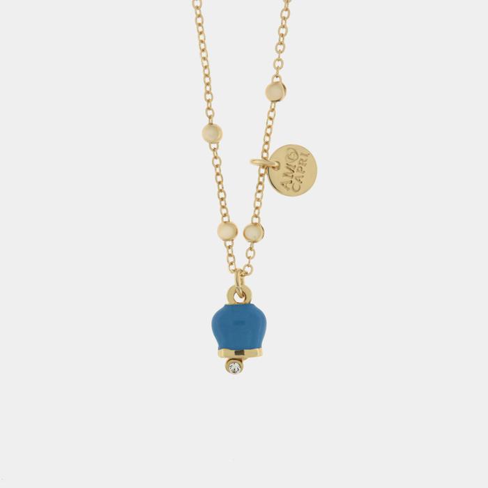Collier en métal avec pendentif grelot porte-bonheur, orné d'émail et de cristaux