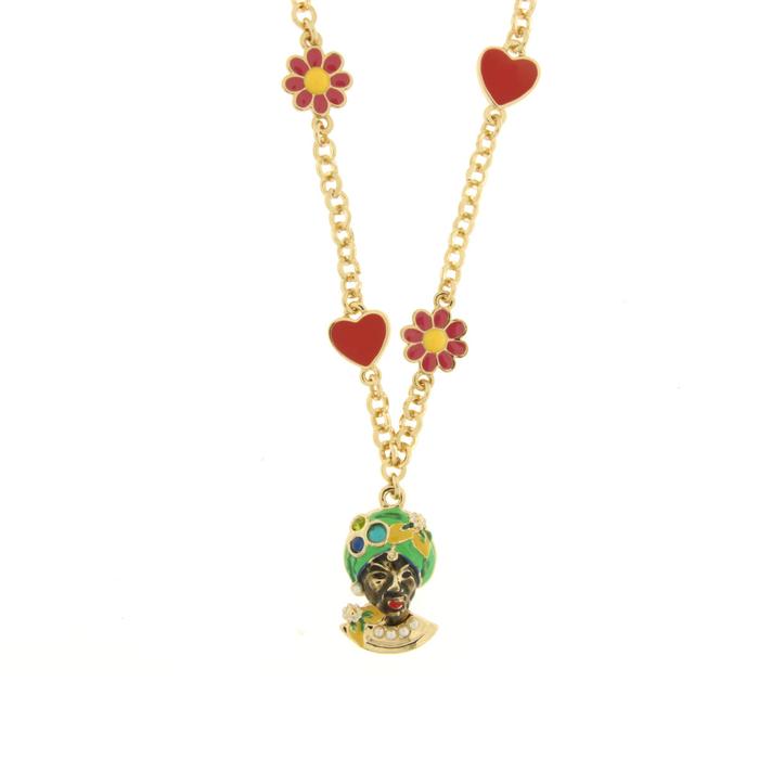 Collana in Metallo con Testa di Moro verde, cuori e fiori