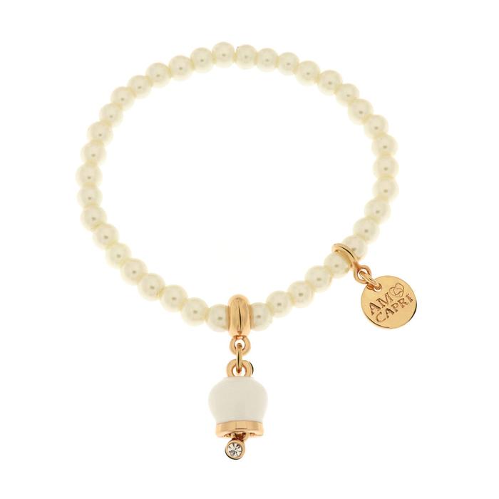 Bracelet en métal avec perles et clochette porte-bonheur en émail blanc