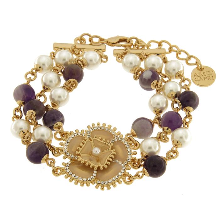Bracciale in Metallo multifilo con fiore e perle placcato oro