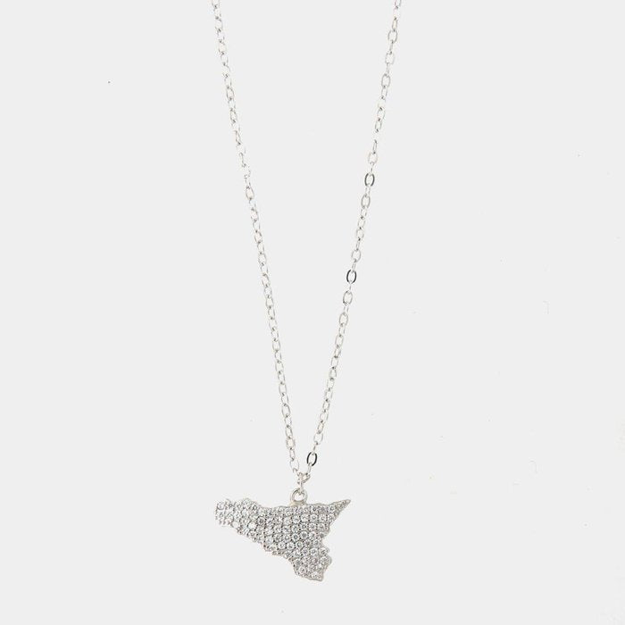 Collier en argent 925 avec pendentif île de Sicile orné de pavés de zircones blanches
