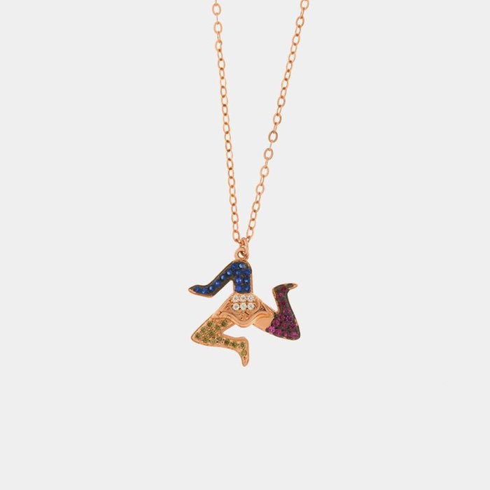 Collier en argent 925 avec pendentif Trinacria sicilien, orné de zircones multicolores sur une base brunie