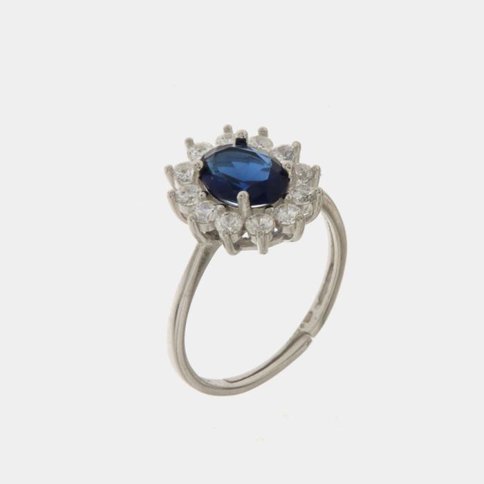 Anello in Argento 925 solitario con zirconi bianchi e zircone centrale blu zafiro