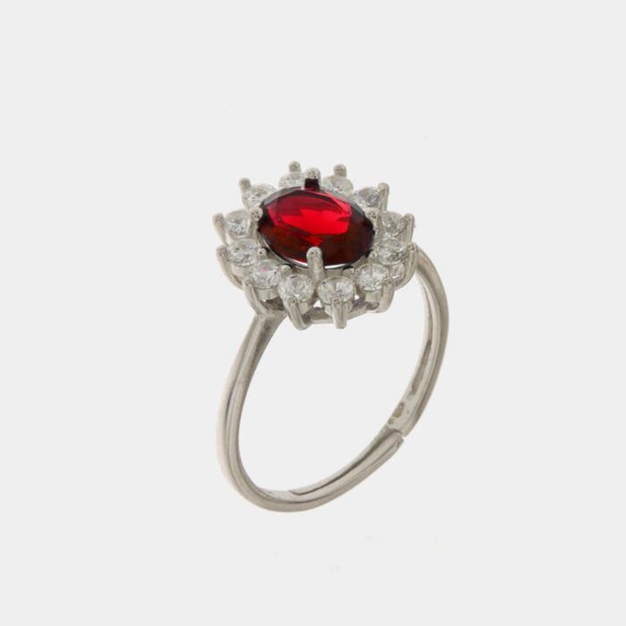 Anello in Argento 925 solitario con zirconi bianchi e zircone centrale rosso rubino