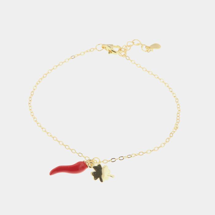 Bracelet en argent 925 avec corne porte-bonheur ornée d'émail rouge et de trèfle à quatre feuilles