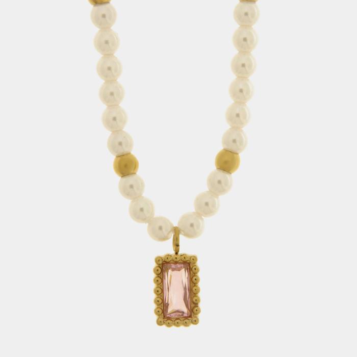 Collana in Acciaio con giro di perle e cristallo rettangolare rosa