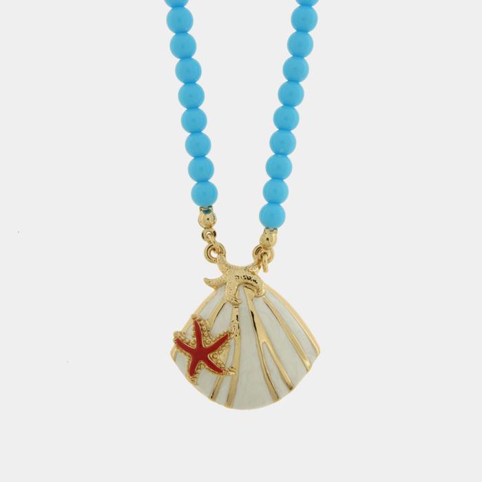 Collana in Metallo sfere turchesi con conchiglia bianca