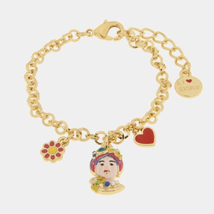 Bracciale in Metallo con testa di Moro rosa fiore e cuore