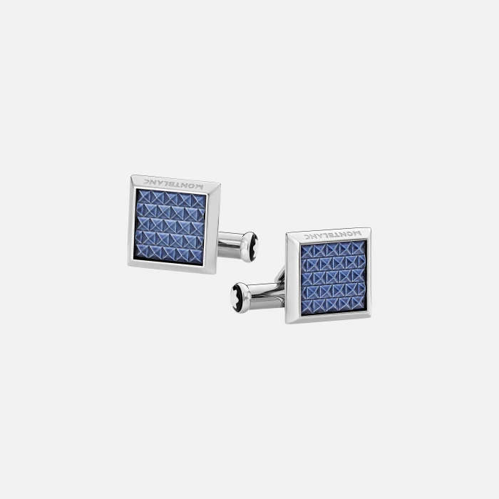 Boutons de manchette rectangulaires en acier fin avec insert bleu travaillé
