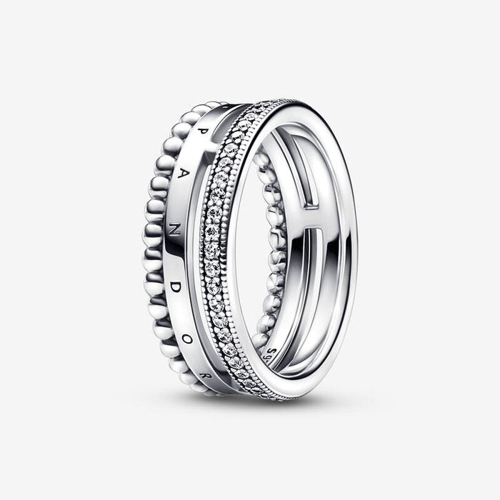Bague triple bande avec logo, pavé et sphères