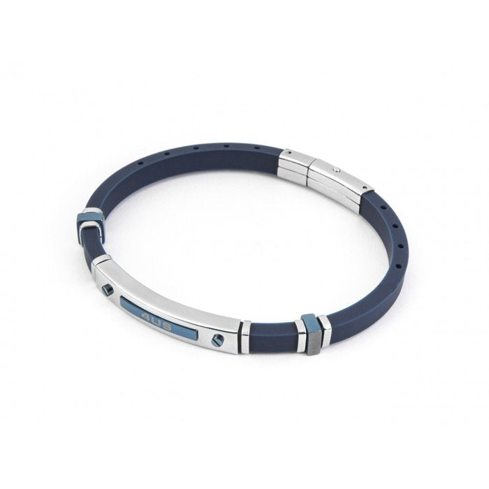 Blue rubber bracelet with central plate and blue PVD inserts