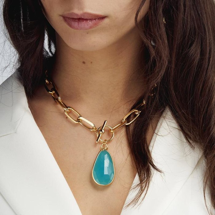Collier en bronze plaqué or avec cristal turquoise