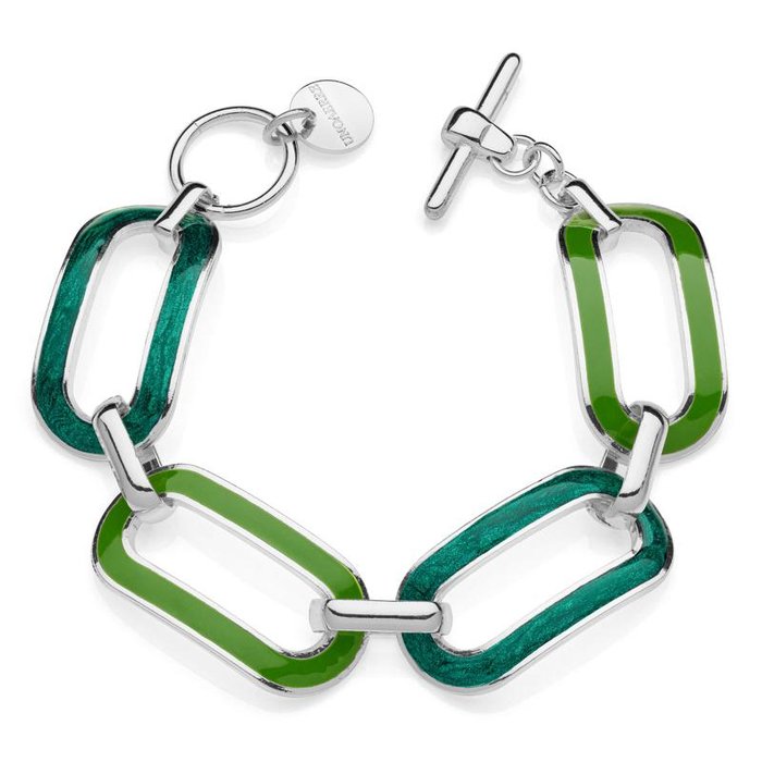 Silver bracelet with green enamel