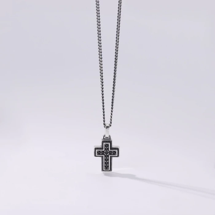 NECKLACE cross with black stones