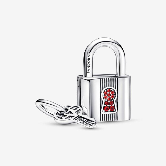 Charm Pendente Lucchetto e Chiave dell’Amore con Pietre Rosse