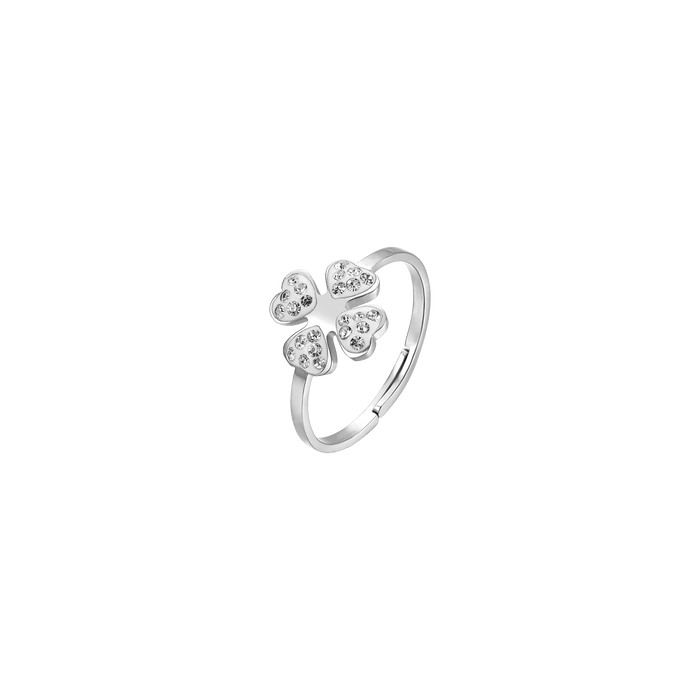 BAGUE EN ACIER POUR FEMME AVEC TRÈFLE À QUATRE FEUILLES ET CRISTAUX BLANCS TAILLE : S