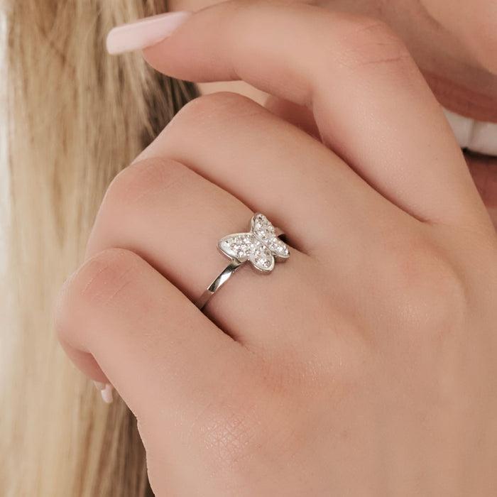 BAGUE FEMME EN ACIER AVEC PAPILLON ET CRISTAUX BLANCS TAILLE : S