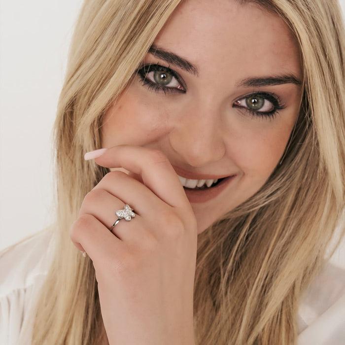 BAGUE FEMME EN ACIER AVEC PAPILLON ET CRISTAUX BLANCS TAILLE : S