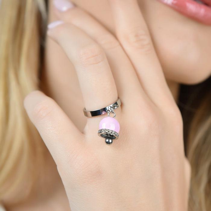 BAGUE FEMME EN ACIER AVEC CLOCHE AVEC ÉMAIL ROSE ET CRISTAUX BLANCS