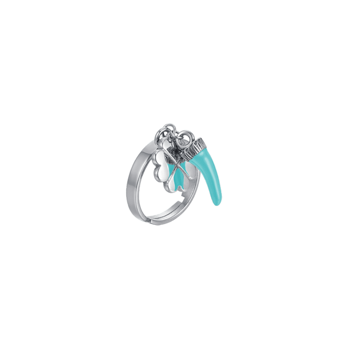 BAGUE FEMME EN ACIER AVEC CORNE AVEC ÉMAIL TURQUOISE ET TRÈFLE À QUATRE FEUILLES