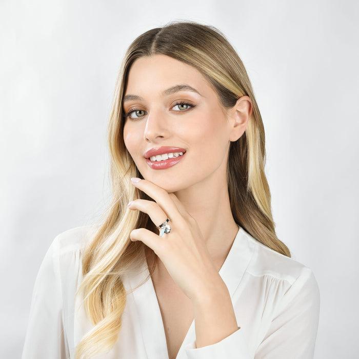 BAGUE FEMME EN ACIER AVEC CORNE AVEC ÉMAIL TURQUOISE ET TRÈFLE À QUATRE FEUILLES