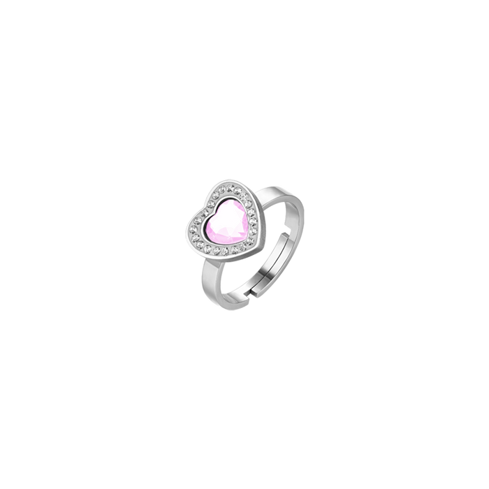 BAGUE FEMME EN ACIER AVEC COEUR, CRISTAL ROSE ET CRISTAUX BLANCS