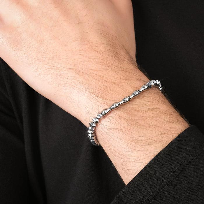 BRACELET HOMME EN ACIER AVEC HÉMATITE ARGENTÉE ET ÉLÉMENTS EN ACIER